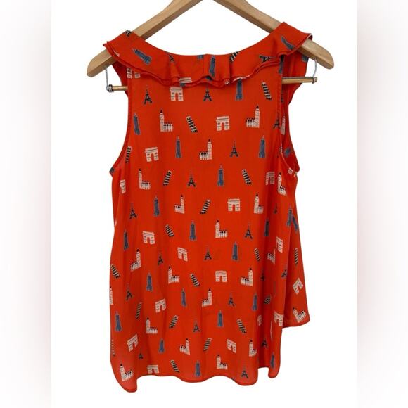 Maeve Anthropologie Aurelie Landmarks Sleeveless Ruffle Blouse Orange Size 8P - Picture 3 of 4